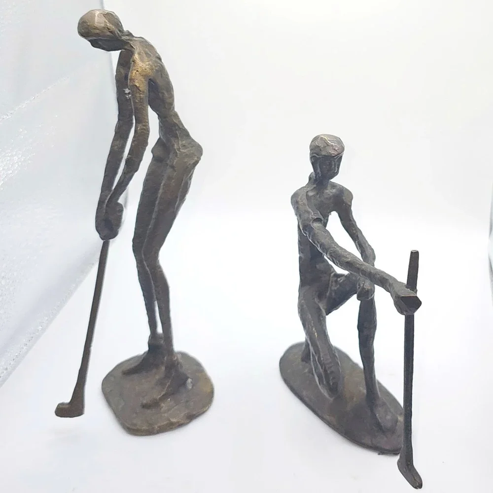 Vintage Pier 1 Pair of Metal Golfer Statues‎ - Male And Female Forms